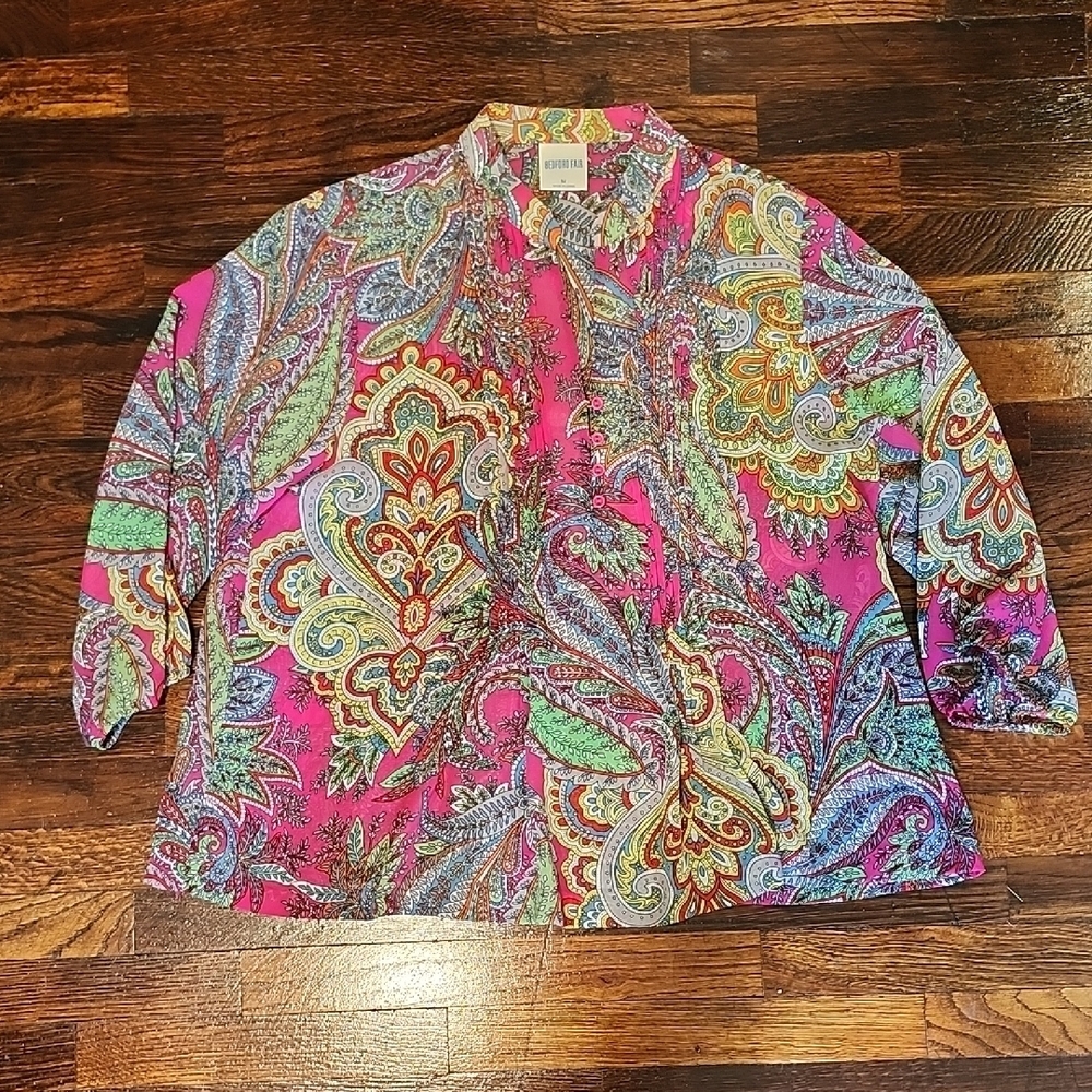 Bedford Fair Multicolor Paisley Boho V Neck Blouse With 3/4 Sleeves